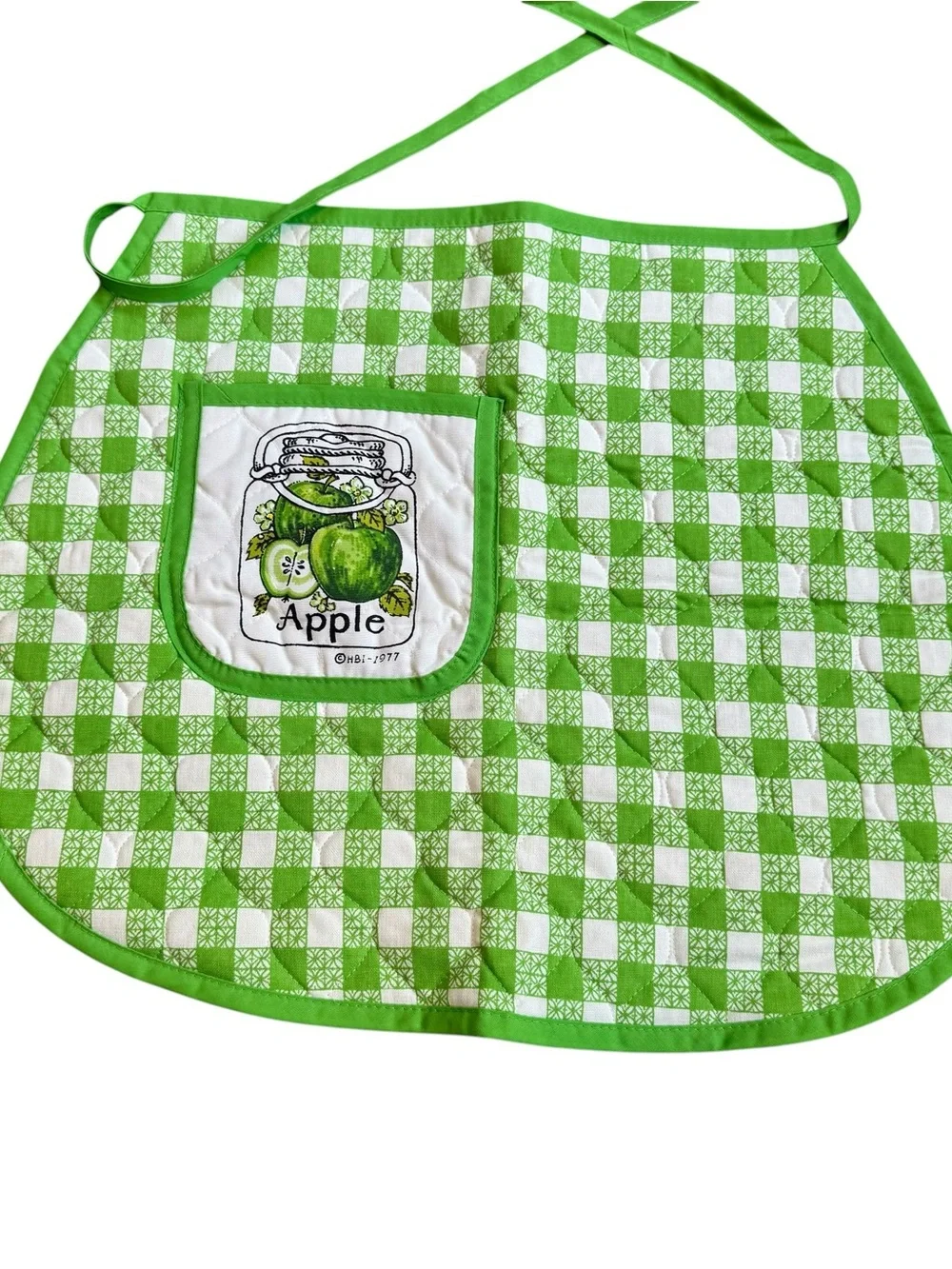 Vintage 1977 Half Apron And Appliance Cover Green White Gingham Apples Quilted